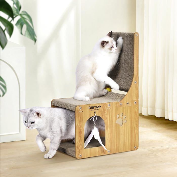 Meilleurs prix pour YSFMODE-Griffoir En Carton Pour Chat Avec Maison Pour Chat-En Forme De L-65Cm-Jouet À Gratter Avec Balle-Pour Mur Et Coin-Protecti