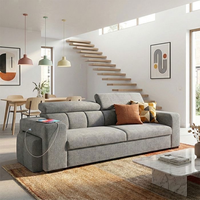 SIRIUS canapé droit convertible gris charbon (tissu lisse) - Taille S - 3 places - 251 x 100 x 96