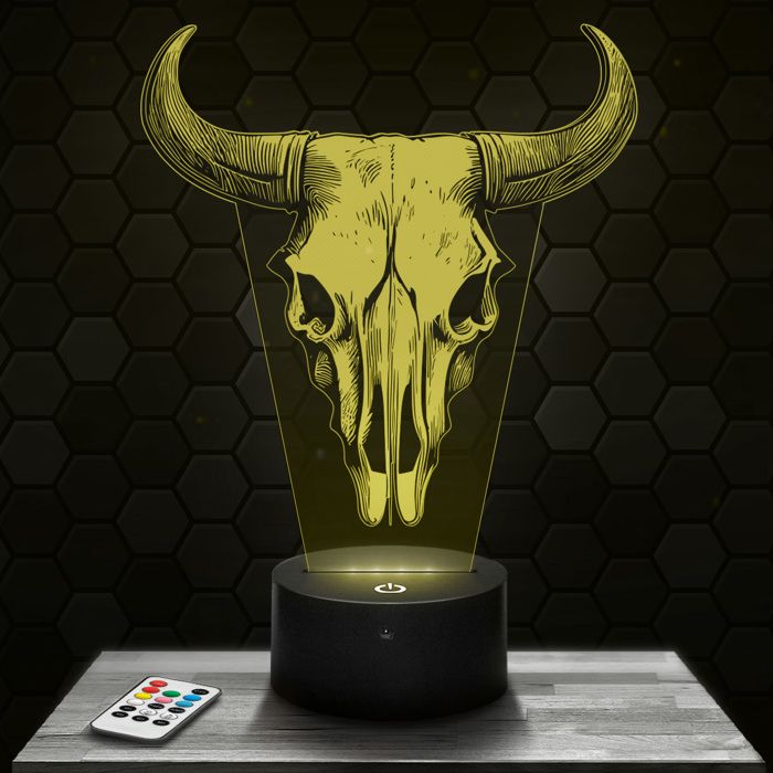 Lampe 3D - Crâne de Taureau - Accessoire Objet Cadeau Crâne de Taureau - Veilleuse Led Tactile avec socle au choix