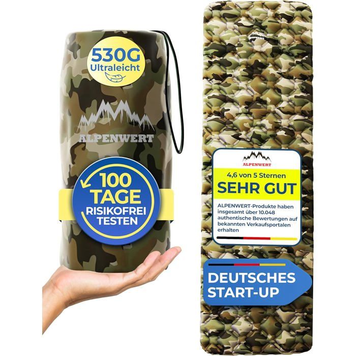 Matelas gonflable isolant - Alpenwert Ultra Léger - 531 g - 190 x 60 cm - 40D Camouflage