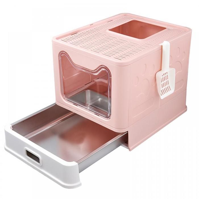 Comparer les prix de Bac à Litière pour Chat Pliable - Avec Tiroir en Inox et Pelle - Anti-Fuite - 41x51x38 cm - Rose - LVHCMFOHM
