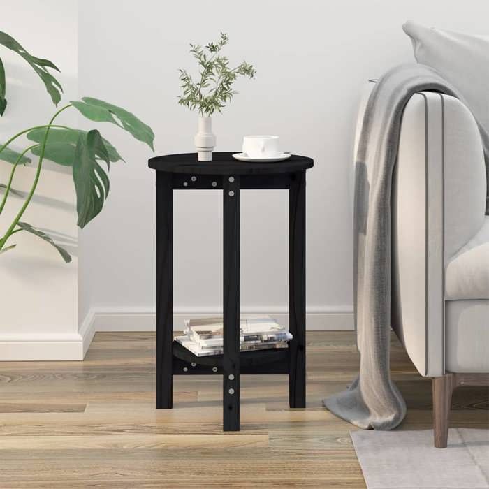 Table basse en bois de pin - Ø 40x60 cm - Noir - Bois massif - Style classique - Espace de rangement - Étagère ouverte
