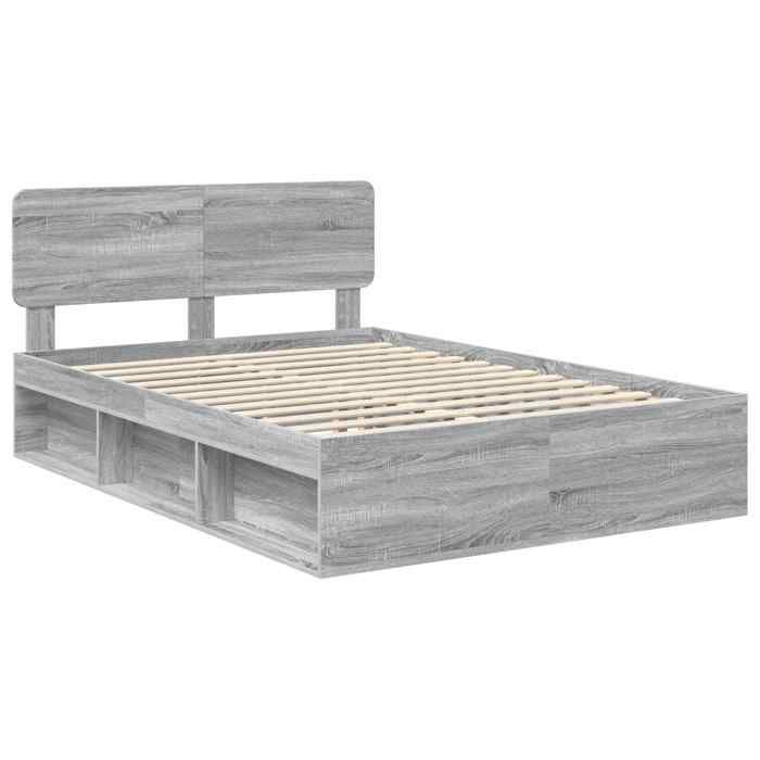 Structure de lit en pin massif - UU - Gris Sonoma - 140x190 cm - Cadre à lattes - Bois dingénierie