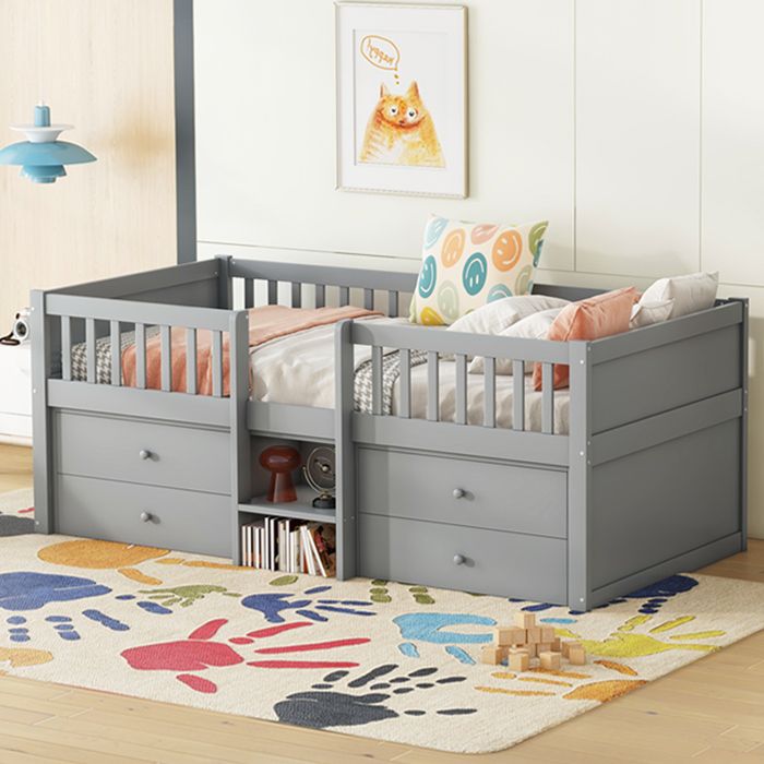 Lit enfant 90x200 cm EVRYAE - avec 4 tiroirs de rangement barrière de sécurité et échelle sans matelas - Pin - Gris