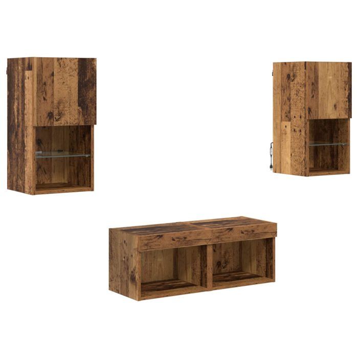 Meuble TV mural moderne - vidaXL - Bois dingénierie - Bois Ancien - 305x30x60 cm - Étagères en verre - Bandes LED