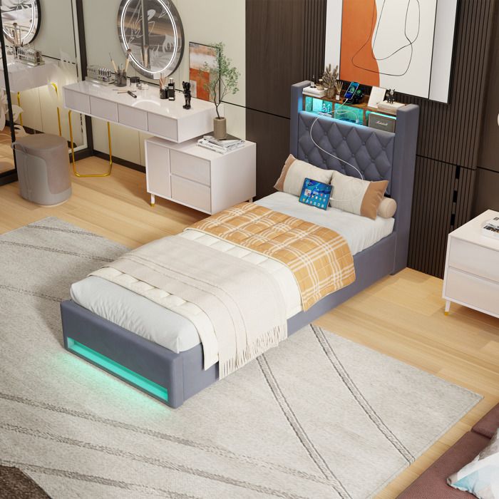 Lit Rembourré en Velours Gris 90x200 cm avec Éclairage LED et Structure en MDF et Acier Inoxydable Sans Matelas Maisentiel