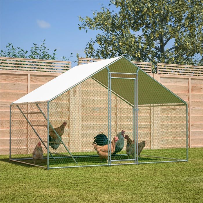 Poulailler 3x2m avec Filet de Protection - Enclos Extérieur pour Volailles Bâche Étanche et Anti-UV Structure Acier Robuste Gris