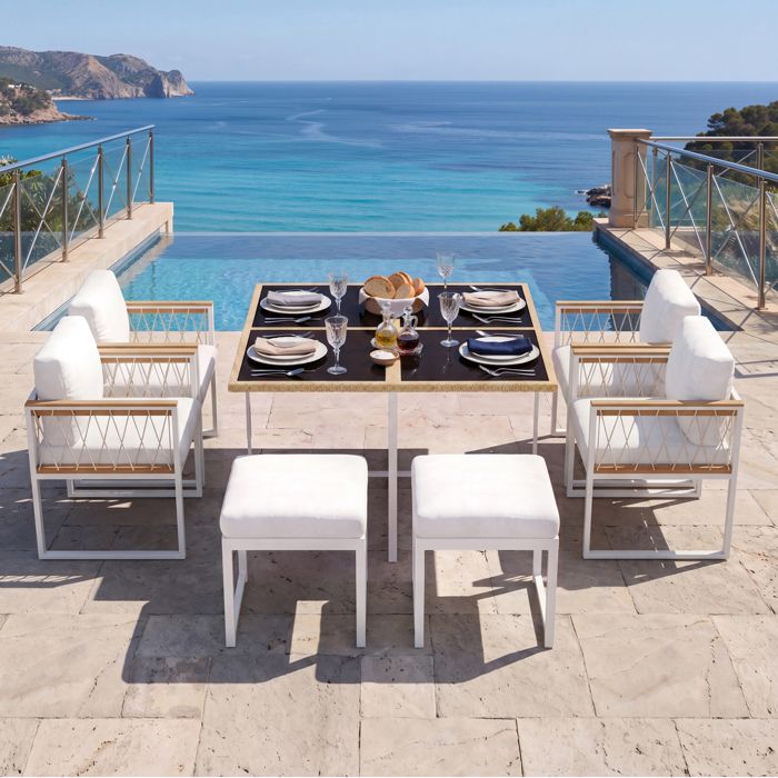Salon de jardin 7 pièces EVRYAE 6 personnes table carrée 117 x 117 cm avec 4 fauteuils 2 poufs verre trempé