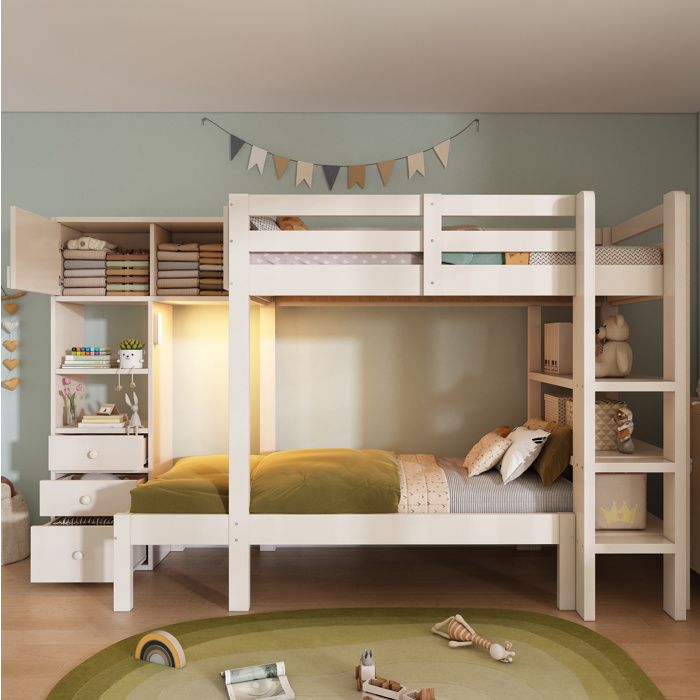 Lit superposé décalé avec rangements armoire étagères tiroirs et veilleuse LED blanc