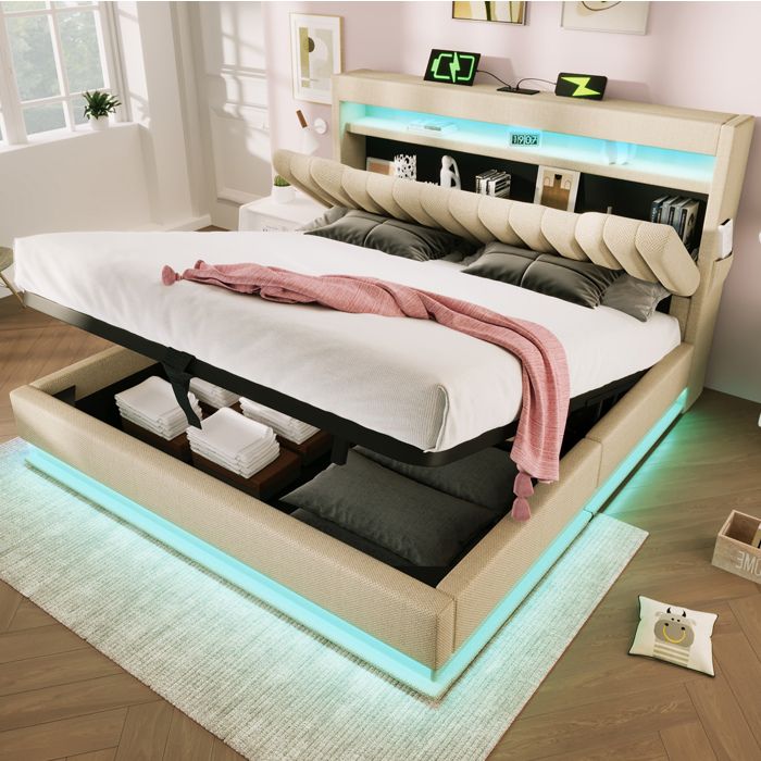 Lit coffre 140x190 cm lit double en lin avec sommier à lattes tête de lit avec LED USB et Type C beige sans matelas