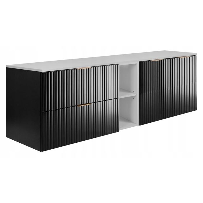 Meuble sous Lavabo FLOW 160 cm - Façades rainurées - avec plan de travail et étagère - Noir / Blanc - 160x46x57 cm