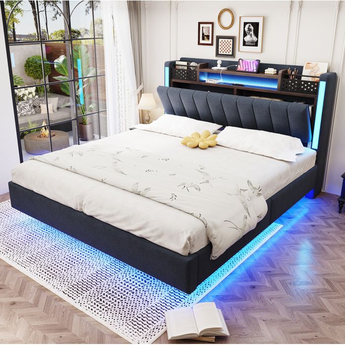 Lit double 140×200 cm LED et USB tête de lit avec rangement lit flottant - BEAUNIV - sans matelas gris