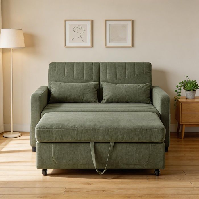 Canapé-lit convertible 2 places - Vert armée - Tissu coton-lin - Dossier 3 positions - Couchage 166×95 cm