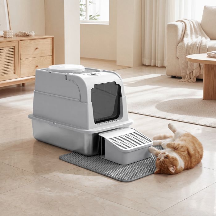 Bac à litière pour Chat Acier Inoxydable 2 Entrées avec Pelle et Brosse pour Intérieur Gris Clair