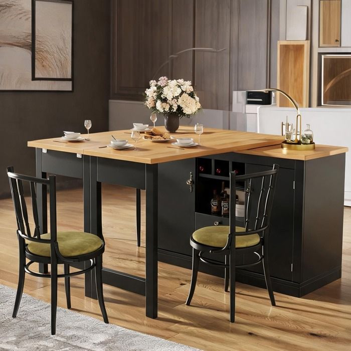 Buffet-bar extensible 120-180 cm avec rangement et plateau rotatif noir et naturel style contemporain