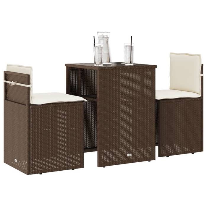 VIDAXL Ensemble Table bar avec chaises (3 pcs) - ANTI-UV - + coussins - marron résine tressée 55x52x76 cm M9082