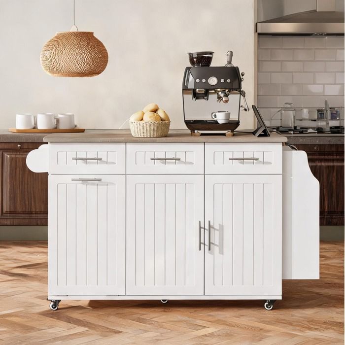 Îlot de cuisine roulant en MDF blanc avec plan de travail extensible et rangement déchets