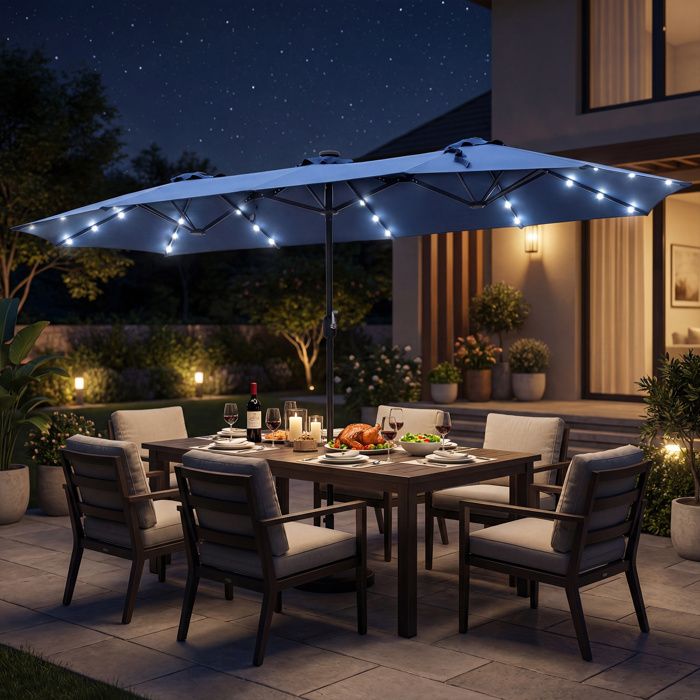 Parasol de Jardin GIANTEX 36 LED Solaires 4 x 21 M Parasol Double Extérieur à 3 Aérations pour Soirées Terrasse Bleu marine