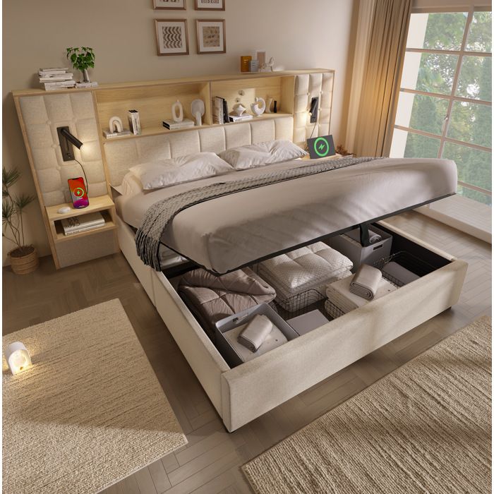 Lit coffre 180 x 200 cm beige en lin avec sommier à lattes 2 liseuses 2 chevets intégrés USB et USB-C