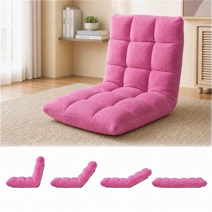 COSTWAY Fauteuil De Sol Pliable 14 Positions Réglables Velours Doux Cadre Métallique Antidérapant Pour Salon Chambre Rose vif COSTWAY Fauteuil De Sol Pliable 14 Positions Réglables Velours Doux Cadre Métallique Antidérapant Pour Salon Chambre Rose vif