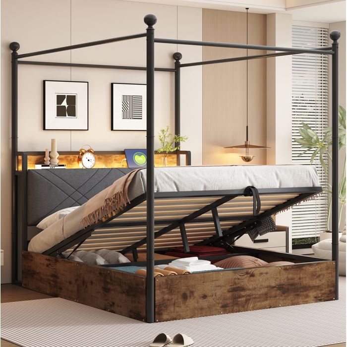 WOVREO Lit double 140x190 cm à baldaquin amovible avec rangement hydraulique LED USB/Type-C noir