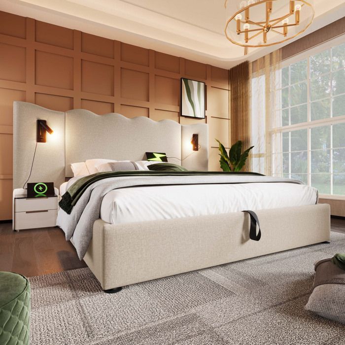 Lit coffre double 180x200 cm-liseuse orientable à 360°-ports USB/USB-C-rangement hydraulique-sommier à lattes-lin beige-sans matelas