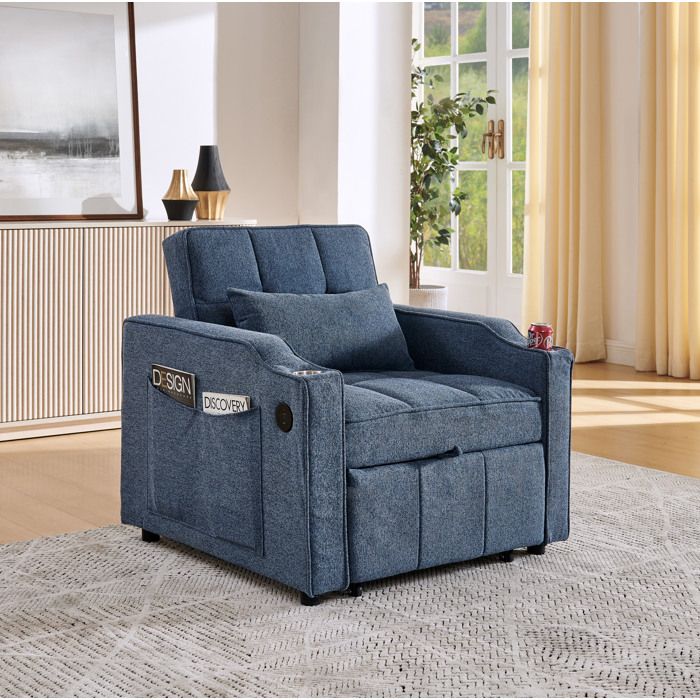 Fauteuil convertible 3-en-1 1 place avec fonction lit 190 cm et dossier réglable - TCQPZ - USB-C porte-gobelet tissu bleu marine