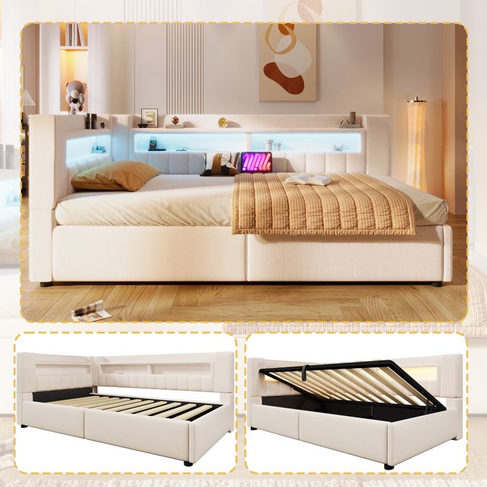 Canapé lit 90x200 cm en lin beige avec éclairage LED rangement hydraulique chargeurs USB/Type-C et sommier inclus.