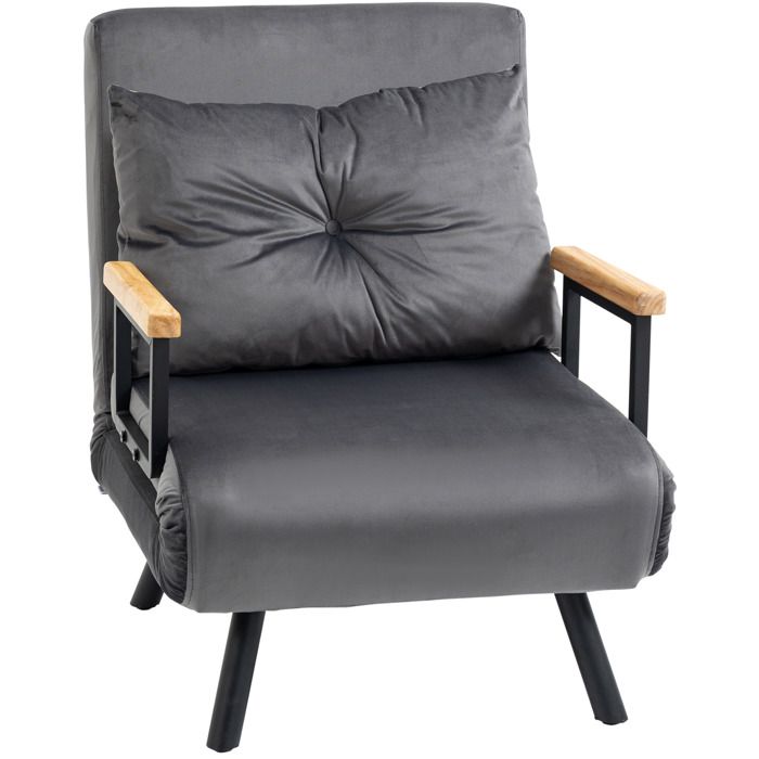 Fauteuil convertible 1 place gris foncé dossier réglable 5 positions aspect velours accoudoirs en bois