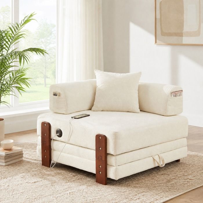 ROVRYN Canape convertible 2 en 1 1 place avec ports USB et Type-C rangement tissu beige