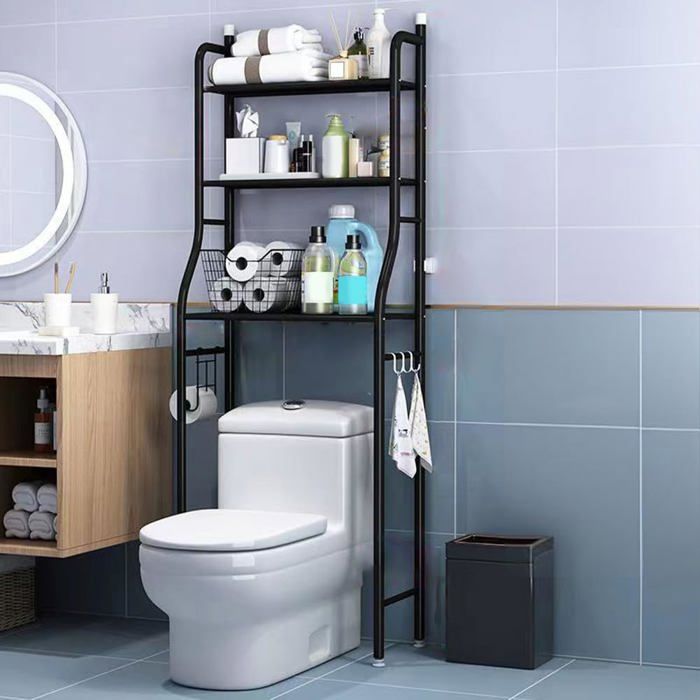 Étagère de rangement WC 3 niveaux – Structure métal – Crochets amovibles + porte-papier – Gain de place – Blanc