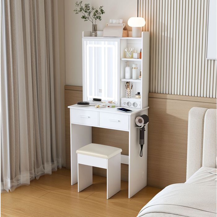 Coiffeuse Blanche Avec Miroir LED Table De Maquillage FloraGrace Pour Petite Chambre Avec Rangement 60x36x136cm