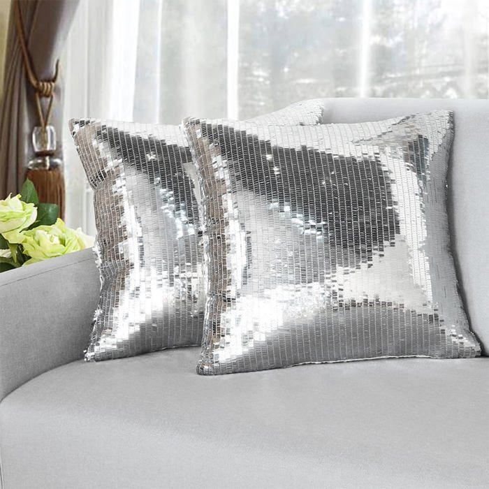 Housse coussin sequins argent décoration canapé moderne