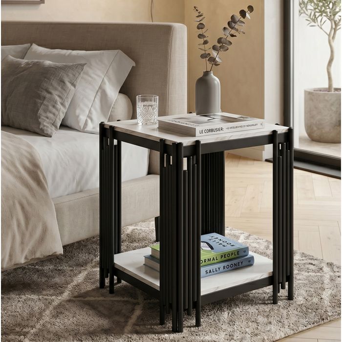 Table de chevet 2 niveaux AESVAR table d’appoint aspect marbre blanc et noir structure en métal 43 x 40 x 54 7 cm