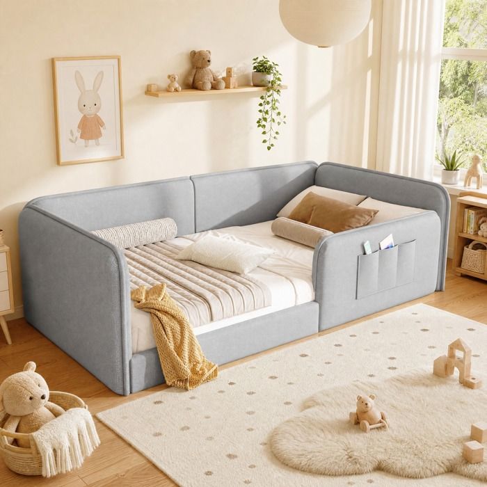 Lit plateforme 90x200 cm gris en lin rembourrage mousse cadre de sécurité poches latérales