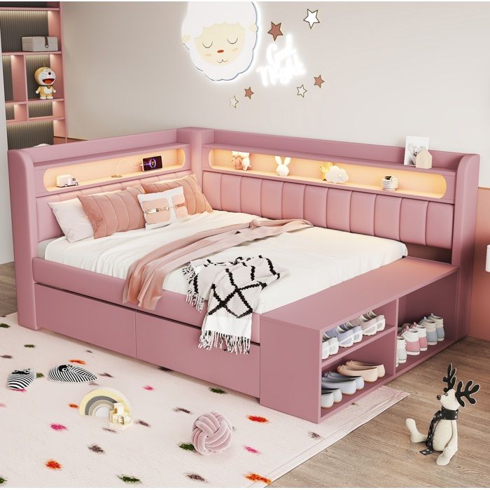 Lit tapissé 1 place AESVAR 90 x 200 cm rose avec USB LED 7 couleurs 2 tiroirs et meuble à chaussures