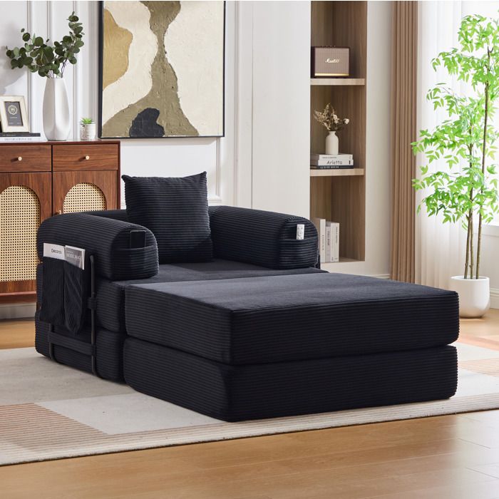 Maisentiel Fauteuil compressé modulable en velours côtelé noir avec pouf coussin et poche latérale