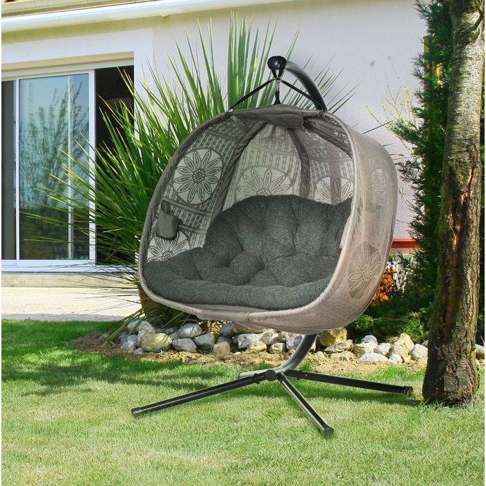 Fauteuil suspendu pour 2 personnes avec support pliable coussin acier motif floral beige intérieur extérieur FOLYNA