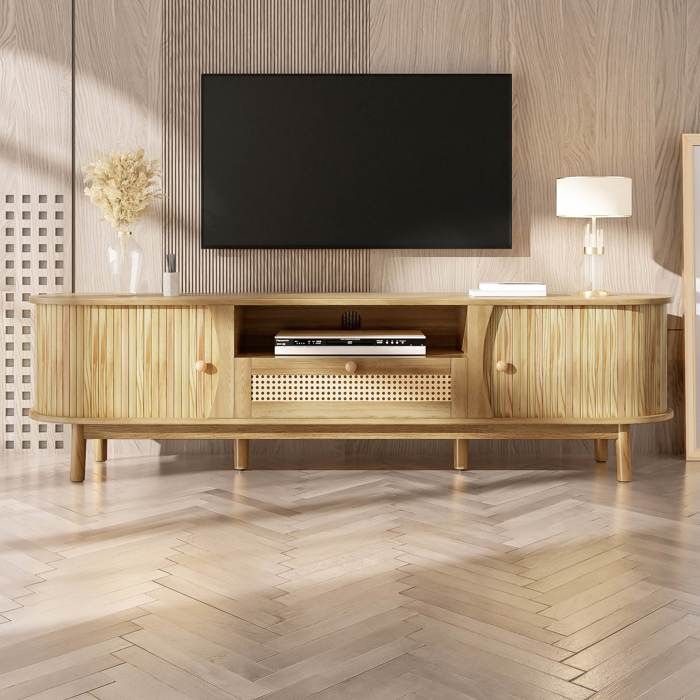 Meuble TV bas 165x37x46 cm en rotin portes en bois massif tiroirs de rangement style campagne