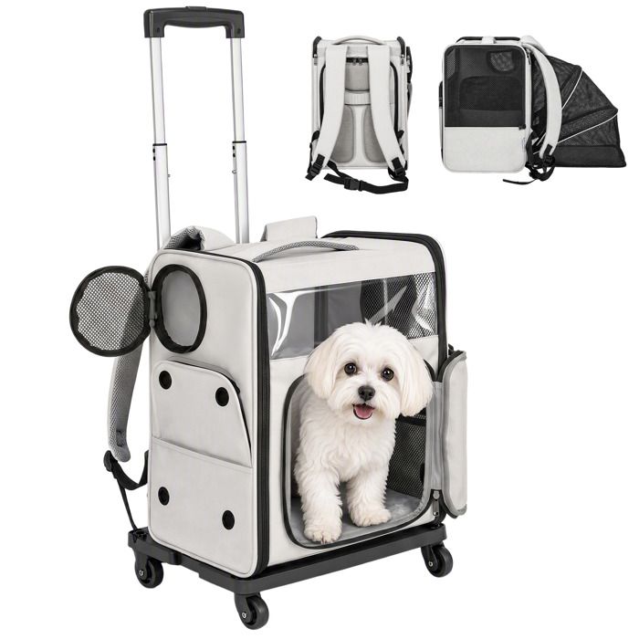 Sac de transport pour chat - PawHut - 2-en-1 à roulettes pliable extensible ventilé - tissu Oxford - 34x28x43cm - gris