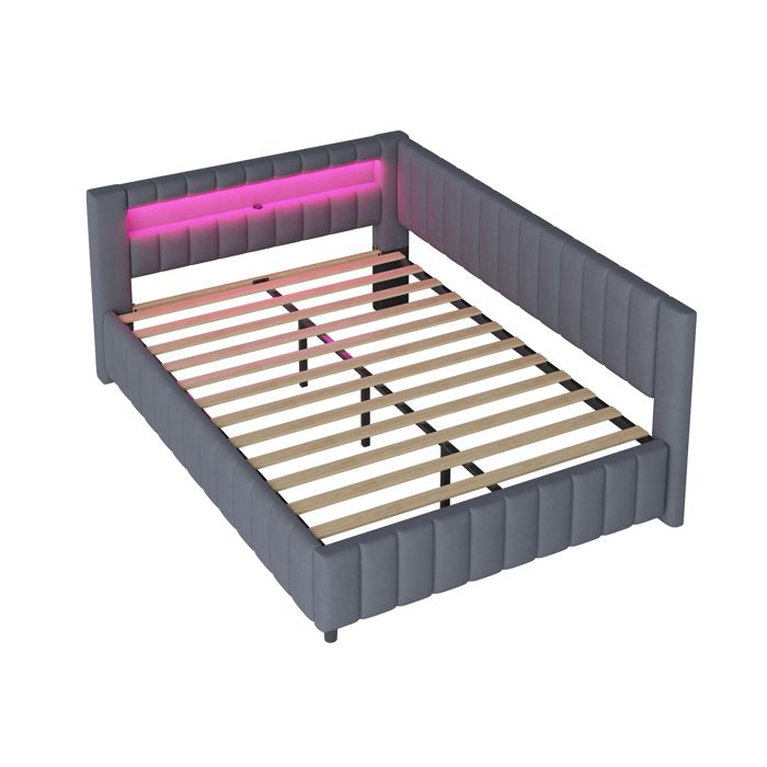 Lit banquette en L 140x200 cm velours gris tête de lit et dossier rembourrés LED et port USB sans matelas