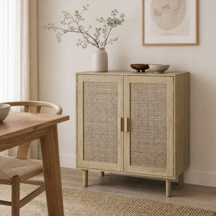 Buffet Haut 2 Portes en Cannage de Rotin 1 Étagère - HAVRYA - MDF Naturel pour Salle à Manger 80×40×88 cm