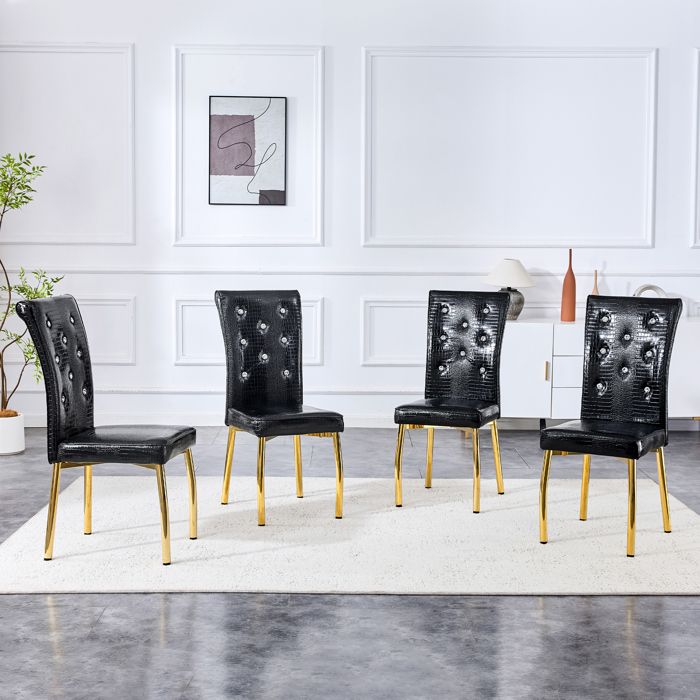 Lot de 4 chaises de salle à manger noires et dorées similicuir effet crocodile pieds en métal