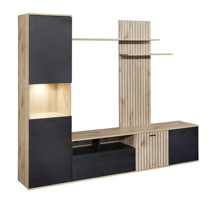 NIVER - Meuble TV Mural avec Banc TV et Colonne Led inclue et Aspect Bois Noir