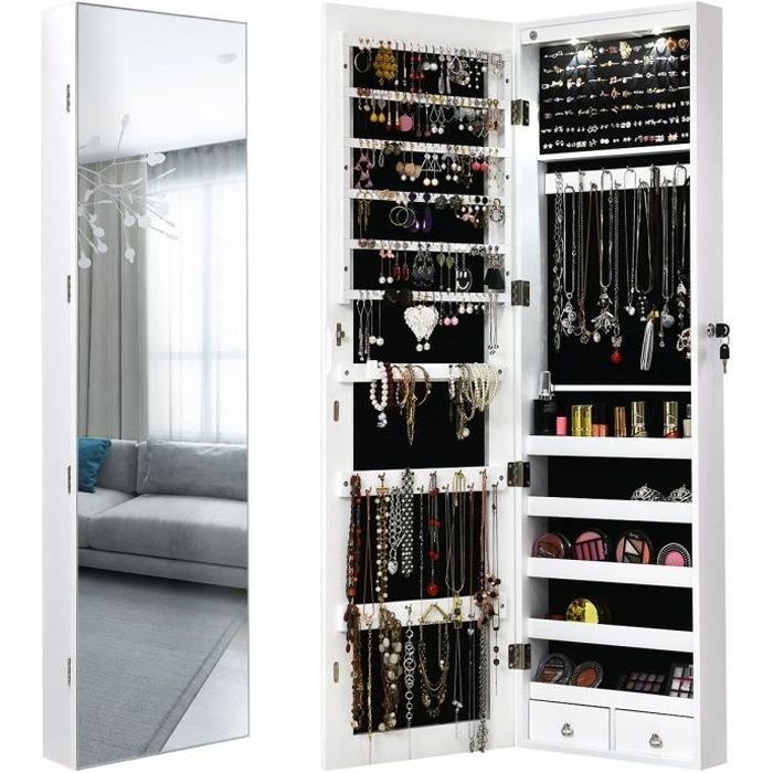 Armoire à bijoux murale DREAMADE avec miroir long, 36 crochets, 2 tiroirs et 2 lumières LED