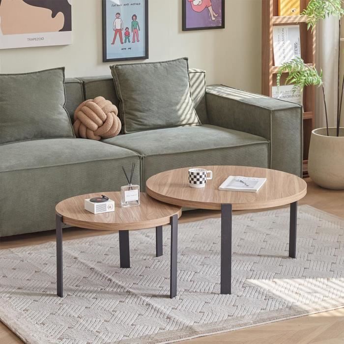 Lot De 2 Tables Basses Rondes Gigognes – Style Vintage Grain De Bois – Idéales Salon, Canapé Ou Bureau