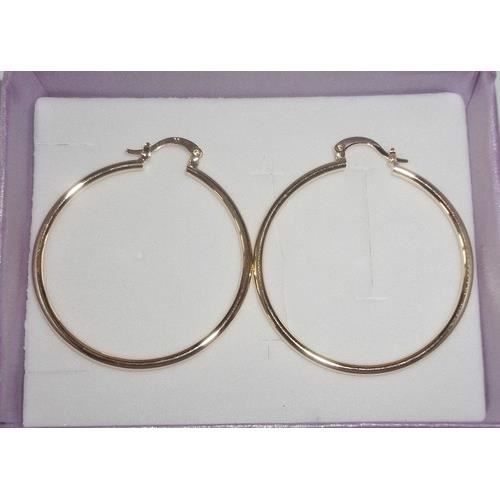 Boucles D'Oreilles Créoles Plaqué Or 18k - Jonc Lisse 42 Mm - Bijouterie Papillon Bleu - Neuf