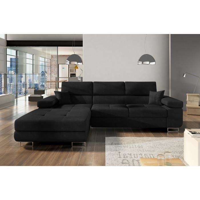 Canapé dangle convertible ARMEL en tissu luxe 5 places noir avec coffre angle gauche (vu de face)