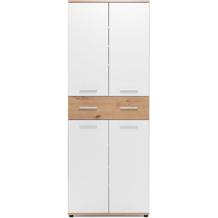 Armoire à chaussures - Décor Chêne Artisan et blanc - L70 x P35 x H185 cm - 6 Étagères - 1 Tiroir - Capacité 24 Paires