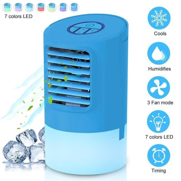 7 LED Couleurs pour Bureau Climatiseur Mobile Ventilateur Humidificateur Refroidisseur d'air avec 3 Vitesses Maison Air Cooler Mini Climatiseur Portable 